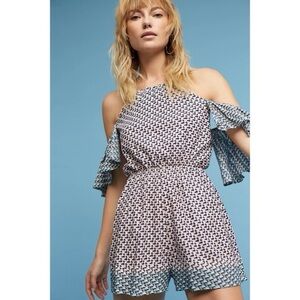 Anthropologie Elevenses Madalenna Open-Shoulder Romper Strappy Back Printed S